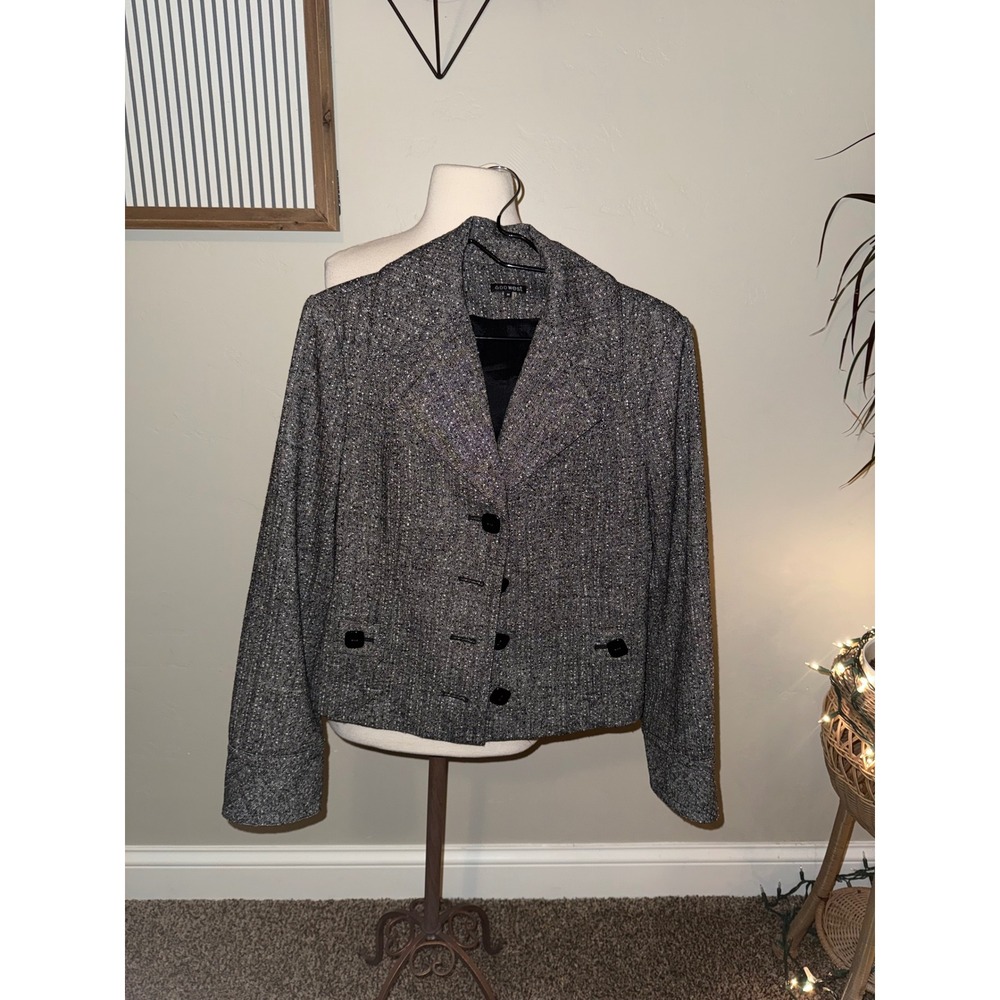 600‎ West Women's Tweed Blazer Jacket Black White Gray Button Front Size Medium